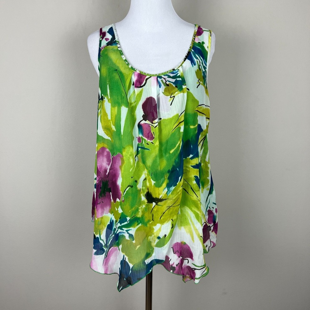 Spense Tank Top Womens Medium Multicolor Green‎ Abstract Floral Asymmetrical Hem
